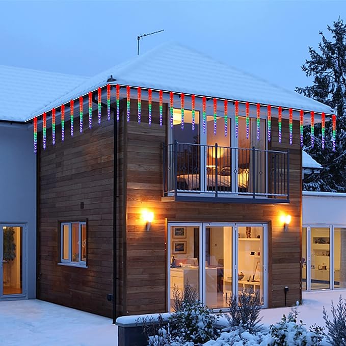 WATERGLIDE Meteor Shower Lights, 12" Outdoor Icicle Christmas Lights 8 Icicles 192 SMD LED Crystal Ice Falling Light, Connectable Raindrop Light, Xmas Winter Party Tree Holiday Decor, Multicolor