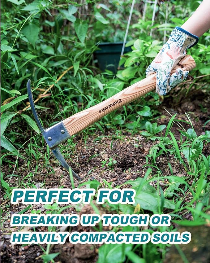 Pick Mattock Hoe Garden Pick Axe Planting Hoe Tool 15inch with Hardwood Handle for Digging Loosening Trenching Tilling Leveling Cutting Gardening Landscaping Farming Camping Outdoor Hand Cultivator