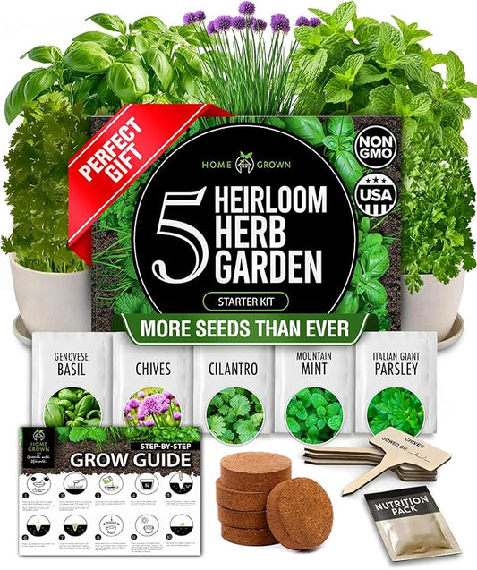 HOME GROWN Herb Gardening Starter Kit for Indoors - Unique Gift for Mom, Women, Her, Men - Complete 5 Herb Plant Grow Kit - Holiday Gift for Gardeners