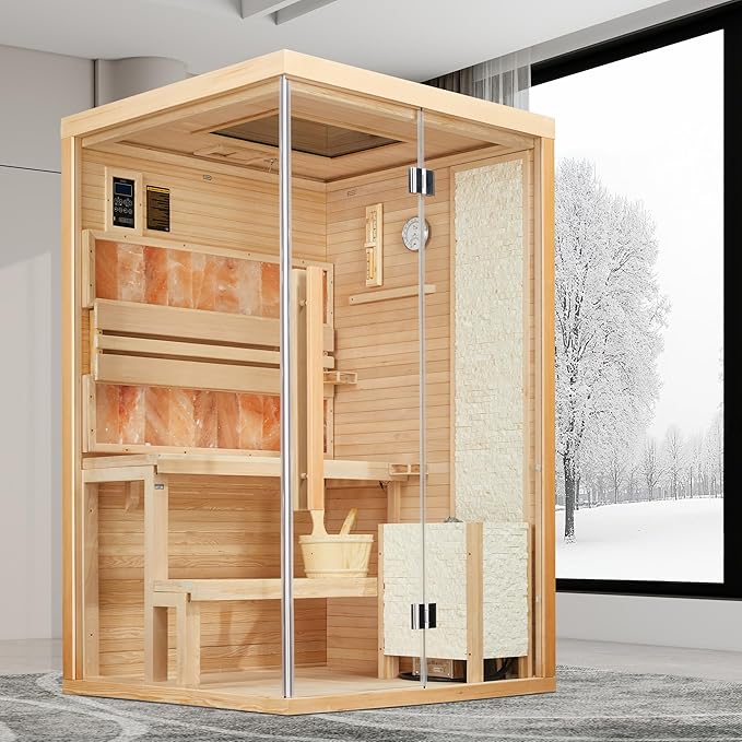 Traditional Steam Saunas for 2-4 Person,Luxurious Indoor Sauna with 2300W Stove Heater,Wood Saunas Room with 2 Himalayan Salt Bricks,7-Color Dynamic Abysm Sky Lights,Bluetooth Speaker