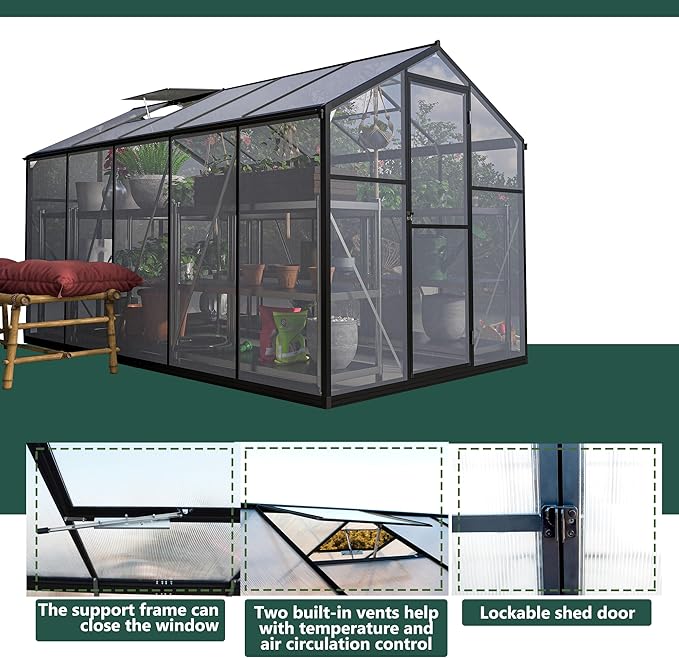 KEIKI 6 x 10 FT Greenhouse for Outdoors, Heavy Duty Polycarbonate Large Walk-in Greenhouse with Double Doors and Two Ventilation Windows for Outside Green House Garden Backyard