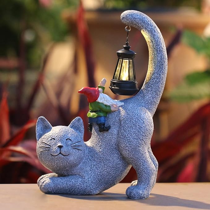 Cat Statue Garden Decor with Funny Gnome Figurine & Solar Lantern, Motherday Gifts for Mom,Birthday Gift for Women,Cat Statues for Garden,Patio,Yard Decoration, Gray, SR-C-003