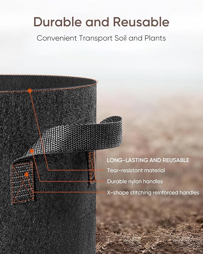 The Growing 5 Pack 25 Gallon Fabric Grow Bags,Thickened Aeration Nonwoven Fabric Plant Pots with Durable Handles,Heavy Duty 300G Planter Pot for Tomato, Fruits, Vegetables and Flowers, Black