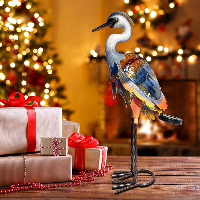 HONGLAND Solar Heron Metal Crane Statue Garden Heron Sculpture, Glass Outdoor Crane Yard Art Coastal Ocean Bird Decor 24 Inch Lawn Ornament for Backyard Porch Patio Decor(Purple)