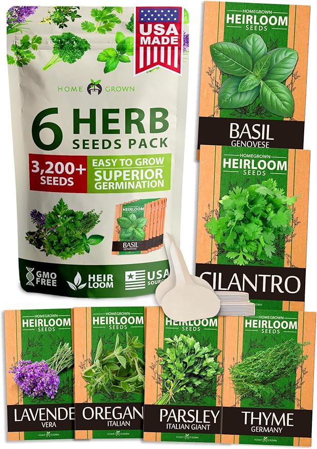 HOME GROWN 6 Herb Seeds Variety Pack – Plant an Indoor or Outdoor Herb Garden: Basil, Lavender, Cilantro, Parsley, Thyme and Oregano Seeds – 3200+ Non-GMO Heirloom Herb Seeds – Bonus Markers