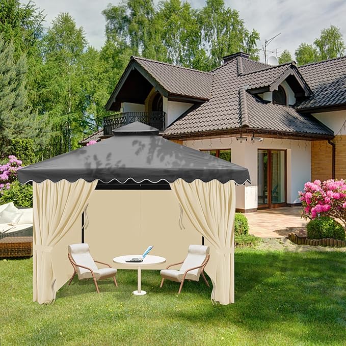 Gazebo Universal Replacement Privacy Curtain, 12'X14' Gazebo Curtains Outdoor Waterproof, 4-Panels Sidewall with Zipper for Patio, Garden and Backyard (Only Curtains, 12'X14', Khaki)