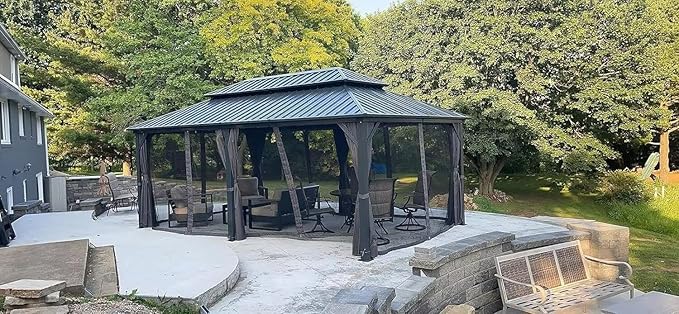 Domi 12’ X 20’ Hardtop Gazebo Canopy with Netting & Curtains, Outdoor Metal Gazebo with Galvanized Steel Double Roof for Patio Lawn and Garden, Gray