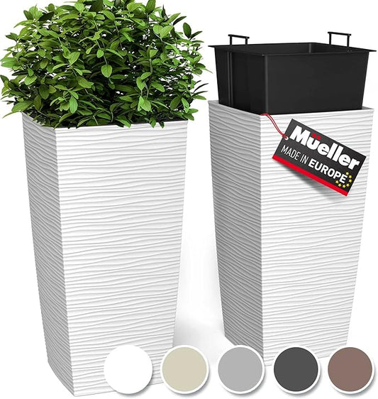 Mueller M-Resin Heavy Duty Tall Planter, Indoor/Outdoor Grande Plant, Tree, Flower Pot, 2-Piece Set, 27.5”, Modern Design, Built-in Drainage, White