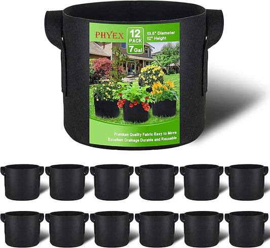 PHYEX 12-Pack 7 Gallon Grow Bags, Thickened 300G Nonwoven Fabric Pots with Reinforced Handles, Planting Bags for Healthy Root Growth, Vegetables, and Flowers, Come with 12 Pcs Plant Labels