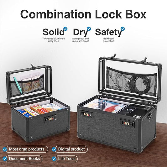 Combination Lock Box - 15.1x9.4x8.7 Inch - Security Lock Boxes for Medicine, Locking Storage Box for Personal Items Passports and Documents, Lockable Lockbox for Office Business, Black