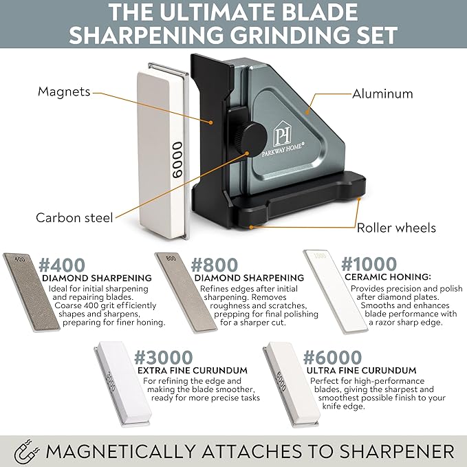 ORIGINAL ADJUSTABLE ROLLING KNIFE SHARPENER KIT: Adjustable Height, 30 Angle Options, 5 Removeable Whetstone Plates, Leather Strop with Travel Case - Kitchen Knife Sharpener