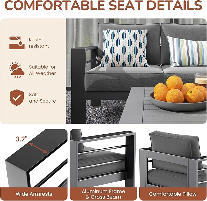 Solaste Aluminum Patio Furniture Set for All Weather, Oversized Metal Outdoor Furniture Set with 27.5" Deep Seating and 3.2" Wide Armrest, Outdoor Patio Conversation Sets with 5" Cushion, Dark Grey