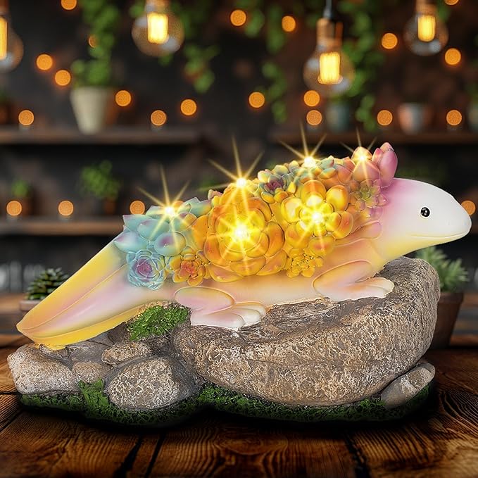 Garden Axolotl Statue Solar Statues Honey Bee jar Decor with LED Lantern ,Resin Axolotl Figurine Ornament for Patio Yard Lawn Porch Outdoor Decor (Axolotl 1)