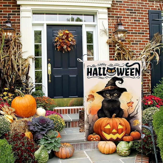 DECORLUXES Halloween Cat Garden Flag, Vertical Double Sided Happy Halloween Pumpkin Holiday Outside Decorations (Garden Flag)
