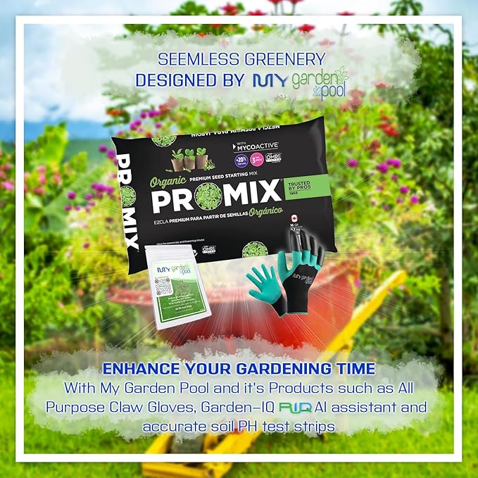 Promix Premier Horticulture Organic Pro Seed Starting Mix; 16 qt with My Garden Pool PH Soil Test Strips 20 ct, and Gardening Claw Gloves and Garden-IQ, Smart Gardening AI Assistant!