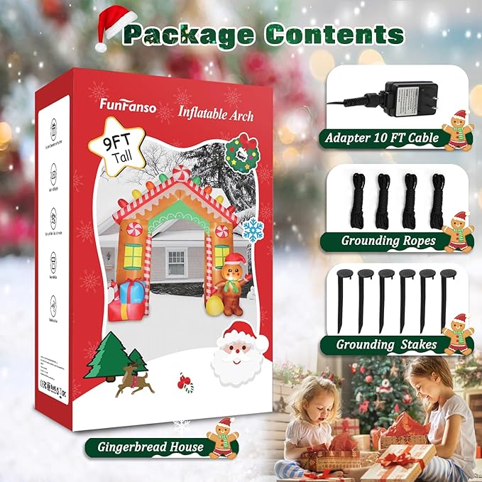 FunFanso 9 FT Christmas Inflatable Archway Outdoor Decorations, Gingerbread House Arch Blow Up Yard Decoration with Colorful Gifts, Build-in LED Lights for Garden Lawn Yard Porch Holiday Party Decor