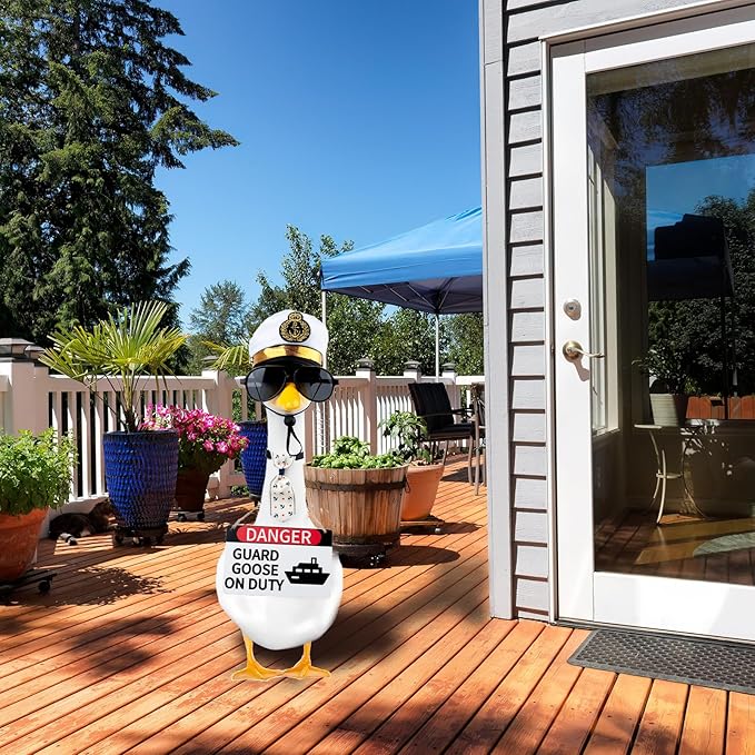 CAMDUCK 4 Pcs Porch Goose Accessories Porch Goose Sign Goose Navy Hat Eyeglasses Necktie Wooden Gooses Warning Sign Danger Guard Goose on Duty Warning Sign Goose Outfits Decor for Yard Porch Lawn