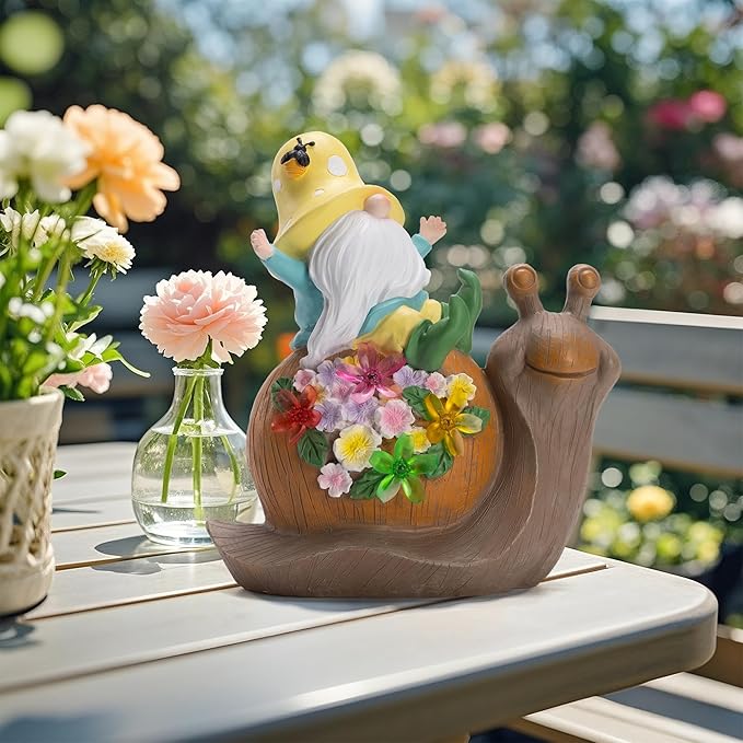 Solar Garden Outdoor Statue Snail Gnome with Succulent and LED Light - Patio,Lawn,Garden,Tortoise Statue for Patio,Unique Housewarming Gifts