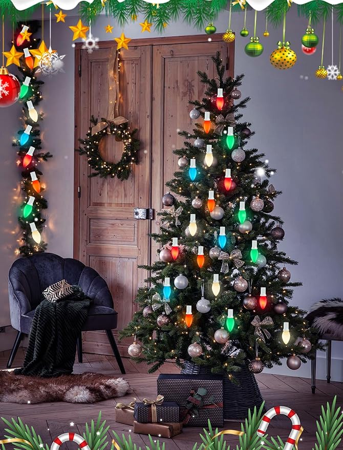 C7 Christmas Lights Outdoor, 25Ft Vintage Christmas String Lights with 27 Multicolor Ceramic Bulbs, Hanging Christmas Decorations Lights for Roofline House Garden Patio Backyard Party-White