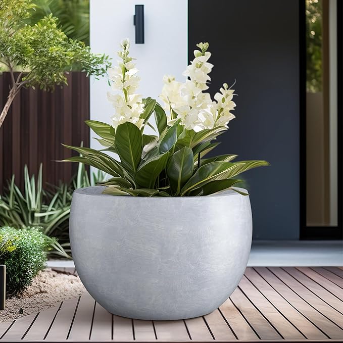 Kante 19.9" Dia Round Concrete Planter, Outdoor/Indoor Large Bowl Plant Pots with Drainage Hole and Rubber Plug for Garden Patio Balcony Home, Gray