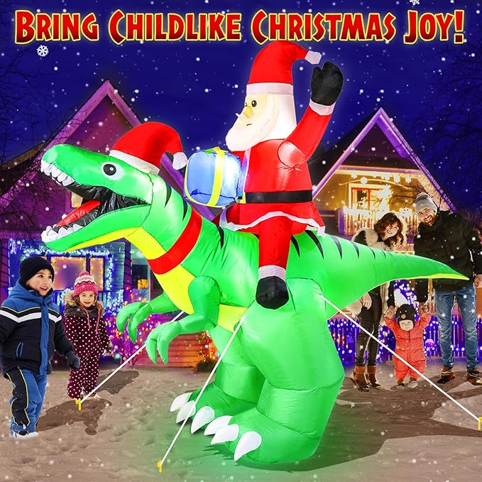 9x7FT Christmas Inflatables with LED Santa Ride on Dinosaur Outdoor Christmas Dinosaur Inflatable Blow Up Yard Decorations with Sandbags Stakes Strings for Garden Decor
