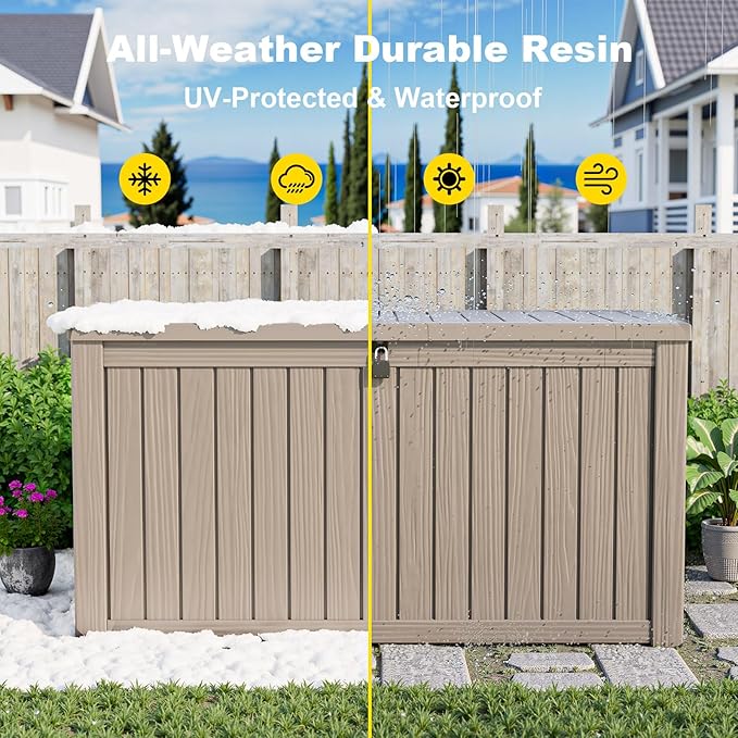 ROJIK Outdoor Storage Housing Deck Box - Waterproof Patio Furniture, Garden Tools, Cushions, Pool Accessories Storage Bench with Lockable Lid and Side Handles (Grey, 180 Gal)