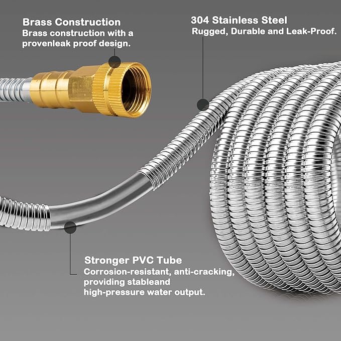 Stainless Steel Garden Hose: Durable Quality Metal with High-pressure Water Output for Gardeners(15FT)