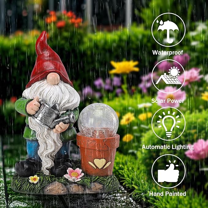 Garden Gnome Statue, Resin Pots with Crack Ball Gnome Figurine with Solar Lights for Porch Patio Yard Outdoor Decor