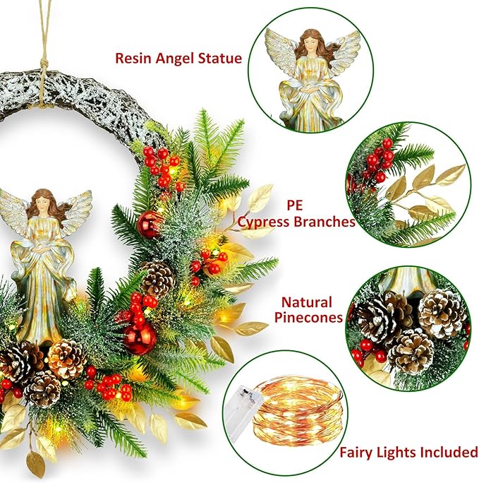 YULETIME 24" Angel Christmas Wreath, Artificial Holiday Wreath with Resin Angel Statue, Natural Rattan Ring & Pine Cones, Golden Leaves, Red Baubles, Spruce Branches, Snowy Pine Needles