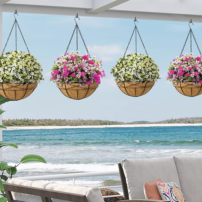 2 Pack 18 Inch Extra Large Deep Hanging Baskets for Plants Outdoor Metal Hanging Planters Flower Pots with Coco Liners Black Hanging Plant Holder for Porch Balcony Garden Planting