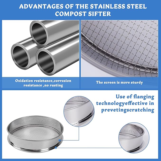 3PCS Soil Sifter Set with 5mm, 3mm, 1mm Mesh - Rock Garden Sieve for Sand, Soil, Compost | Metal Dirt Strainer with Shovel Tools for Gardening, Bonsai, Beach, and Gravel