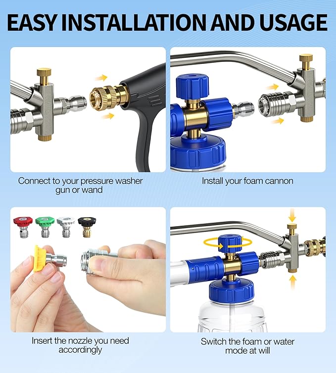 Dual Spray Foam Cannon Power Washer Gun, 4350 PSI High Pressure Short Gun Snow Foam Lance with 1/4 Inch Quick Connector, Car Wash Sprayer with 5 Pressure Washer Nozzle Tips for Car Cleaning
