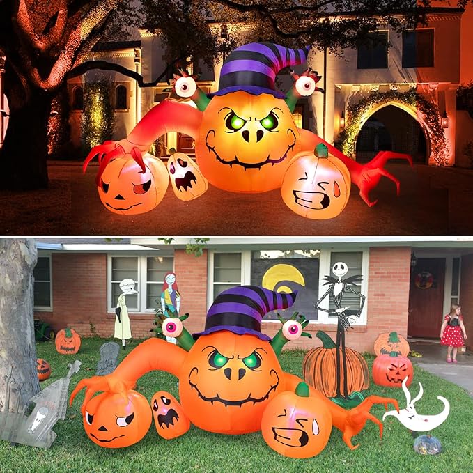 8FT Long Halloween Inflatable Outdoor Decorations, Pumpkin Decorations with Build-in LED Lights, Blow Up Jack-o-Lantern for Indoor Outdoor Halloween Party, Yard, Garden, Lawn