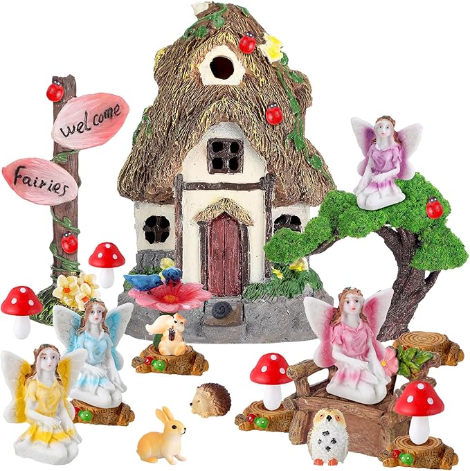 Leyndo 28 Pcs Solar House Garden Accessories Fairy Light up Fairy Figures Garden Kit Resin Miniature Mushroom House Figures Micro Landscape Ornaments(Classic)