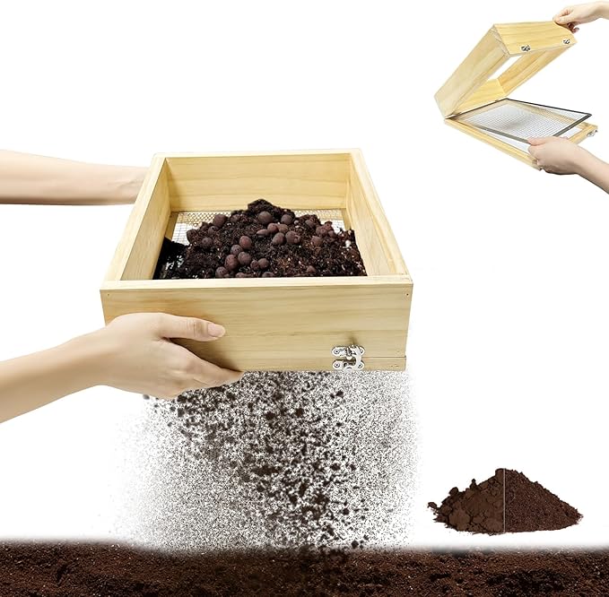 Wooden Soil Sifter for Gardening,13.7"x10.2" Rock Sifter with 2 Replaceable Mesh Screen (0.34"&0.47") Compost Sifter for Leaves, Rocks, Compost, Gravel, Soil