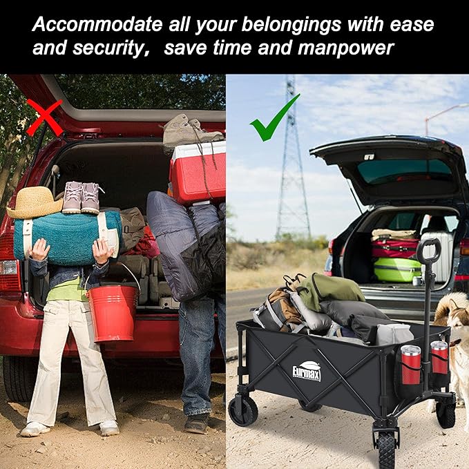 Eurmax USA Collapsible Outdoor Folding Wagon Cart All-Terrain Utility Wagon Heavy Duty Camping Patio Shopping Garden Sporting Wagon Cart with Side Bag & Cup Holder