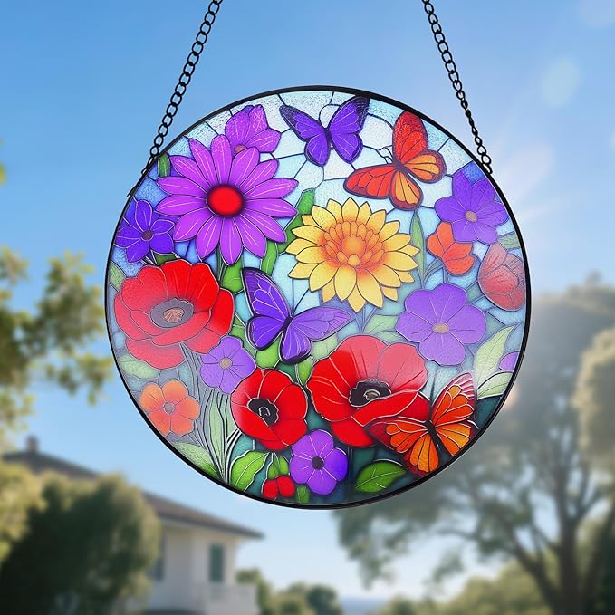 Sunflower Stained Glass Window Hanging - Wildflowers Suncatcher for Indoor Window, Floral Stained Glass Decor for Garden, Home, Outdoor, Sun Catchers Birthday Gift for Women,Lovers and Mom 12 Inch
