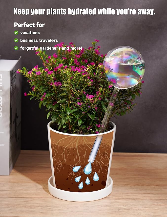 Tomorotec Iridescent Glass Self Watering Globes 4-Pack (2 Large+2 Small), Decorative Hand-Blown Rainbow Glass Watering Bulbs, Automatic Irrigation for Indoor & Outdoor Plants, Easy to Use and Maintain