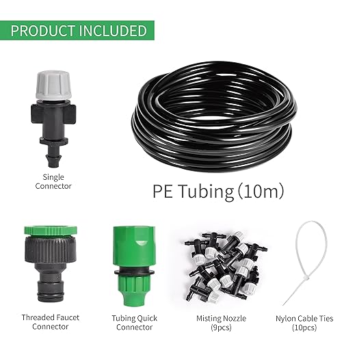 10m Home Garden Patio Misting Micro Flow Drip Irrigation Misting Cooling System with 10pcs Plastic Mist Nozzle Sprinkler for Plant Flower