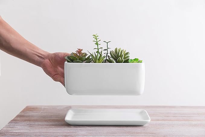 MyGift 14 Inch Modern Unglazed White Ceramic Indoor Plant Pot with Drainage Hole, Rectangular Succulent Planter Window Box with Removable Saucer, White (10 inch, 1, Piece)