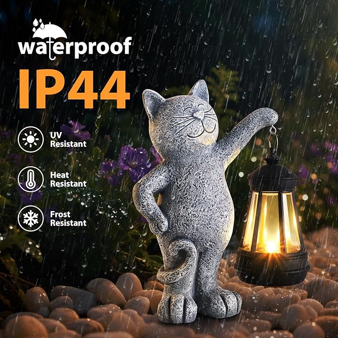 Solar Cat Garden Statues with Solar Lantern, Outdoor Cat Garden Figurines Decorations for Yard Patio Lawn Balcony, Unique Birthday Gifts for Mom Women.
