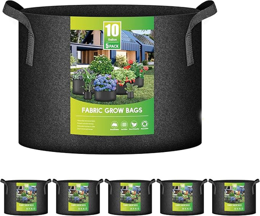 iPower 5-Pack 10 Gallon Plant Grow Bags Thickened Nonwoven Aeration Fabric Pots Heavy Duty Durable Container, Strap Handles for Garden, Black New