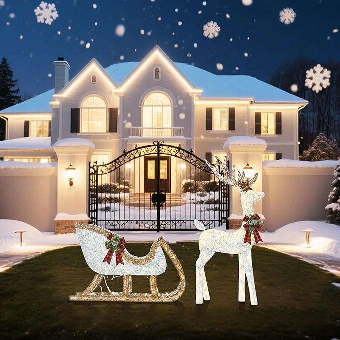 Outdoor Lighted Reindeer with Sleigh Christmas Decors, 3D Deer & Santa Sleigh Holiday Yard Decorations with 170 Warm White LEDs, Garden, Lawn Winter Displays, 2-Piece Set, Silver & Brwon