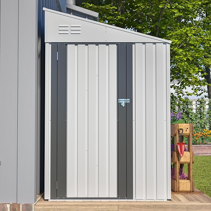 4×8 FT Outdoor Metal Storage Shed,Heavy-Duty Lean to Storage Shed with Lockable Door and Reinforced Beams,All Weather Waterproof Storage House W/2 Air Vents,for Backyard,Patio,Lawn,White