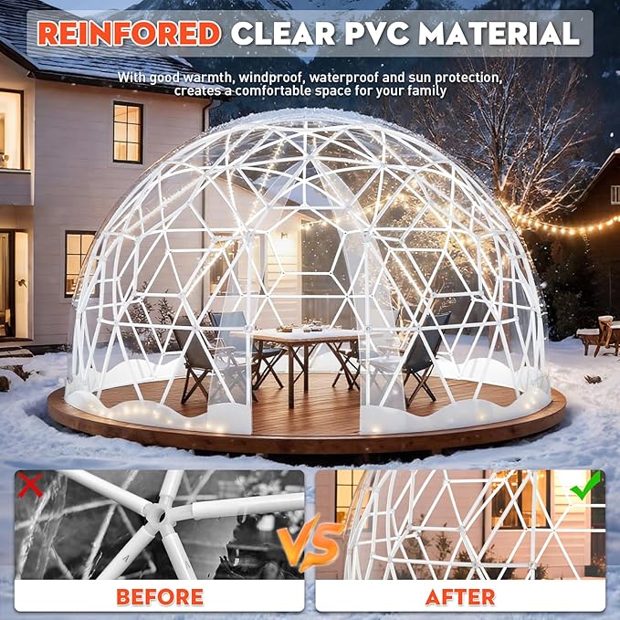 12FT Garden Dome Tent, Geodesic Dome Greenhouse with PVC Clear Cover, Waterproof Garden Bubble Dome Tent House with 2 x 10M Light Strings for Outdoor, Patio, Backyard, Party (White Edge, 12.5FT/3.8M)