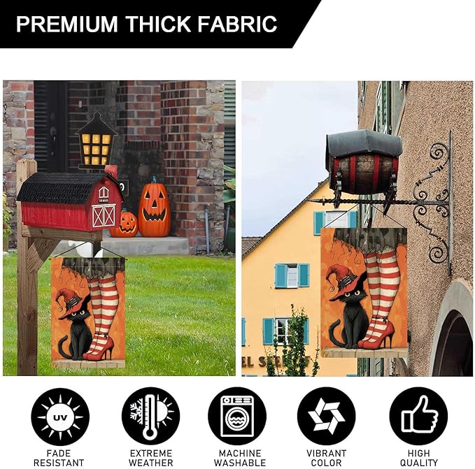 Witch's Black Cat Garden Flag Halloween Holiday Garden Flag Vertical Double Sided Rustic Farmland Burlap Yard Lawn Outdoor Decor 12.5x18"