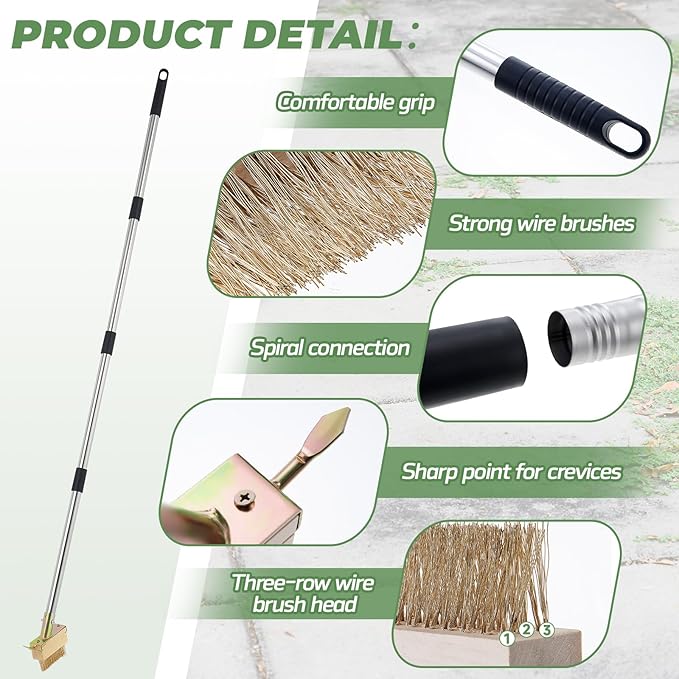 Tandefio Crack Weeder with 2 Weed Brush Heads, Long Manual Crevice Weeding Tool, Manual Weeder Moss Weed Remover Puller Tool Grout Brush with Steel Handle for Deck Paver Patio Walkway Driveway Wall