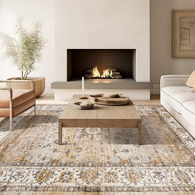 10x14 Area Rugs,Ultra-Thin Washable Rugs for Living Room,Non-Slip Lightweight Foldable Area Rug,Stain Resistant Vintage Large Rugs (Apricot/Blue, 10'x14')