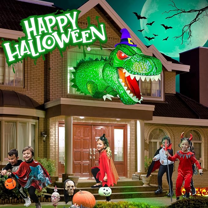4Ft Halloween Inflatables Decorations Outdoor Dinosaur Broke Out from Window with Built-in LED Vivid T-Rex Blow Up Inflatable for Indoor Home Party Yard Garden Lawn Decor Green zu-74521