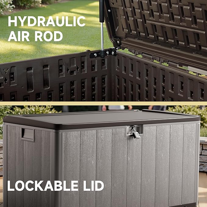 120 Gallon All-Weather Deck Box, Lockable Waterproof Resin Storage with UV Resistance for Patio Furniture, Garden Tools, Pool Accessories (Brown)